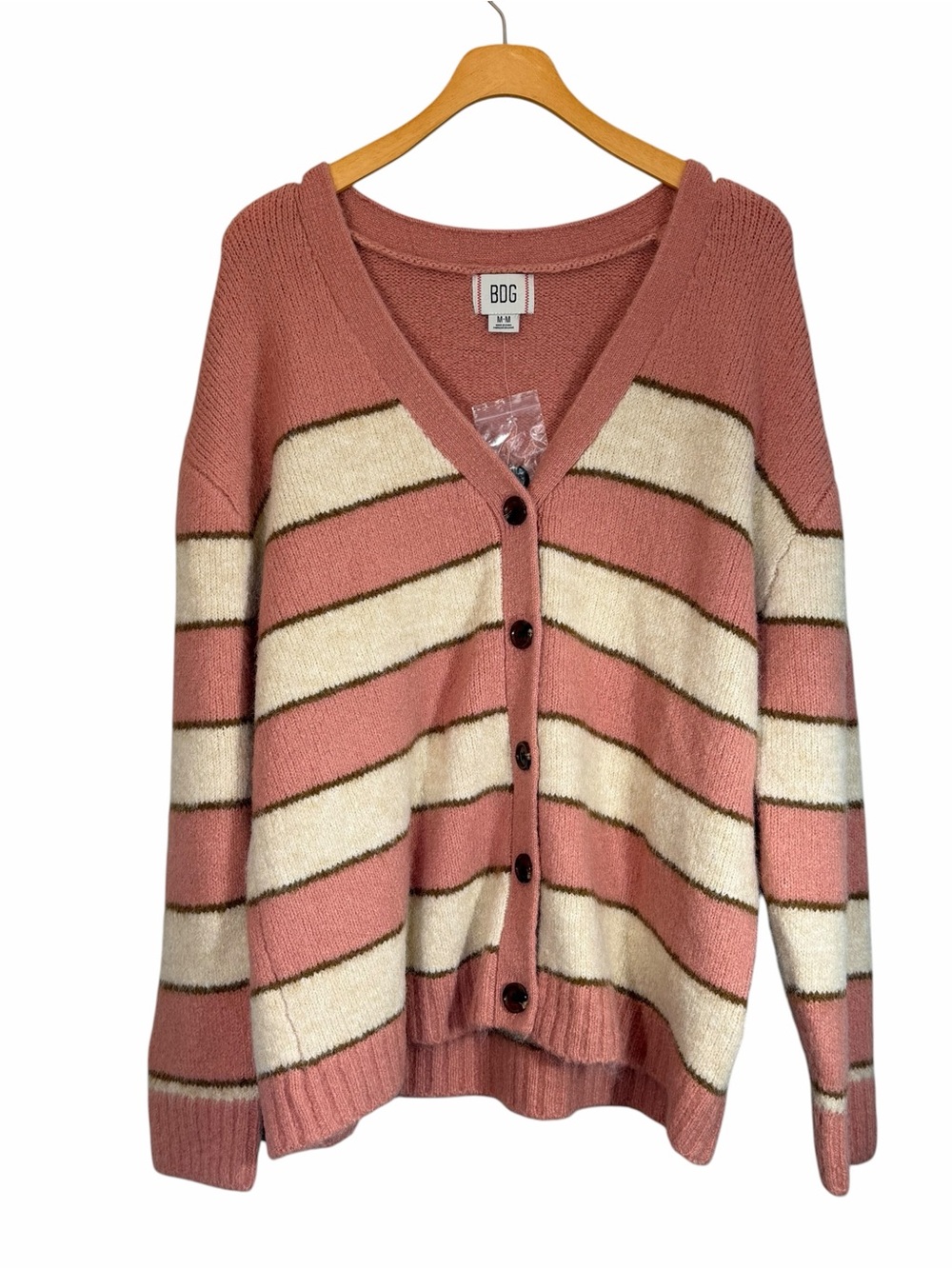 BDG Eliot Striped Oversized V-Neck Cardigan Size M Pink Cream Preppy Casual NWT